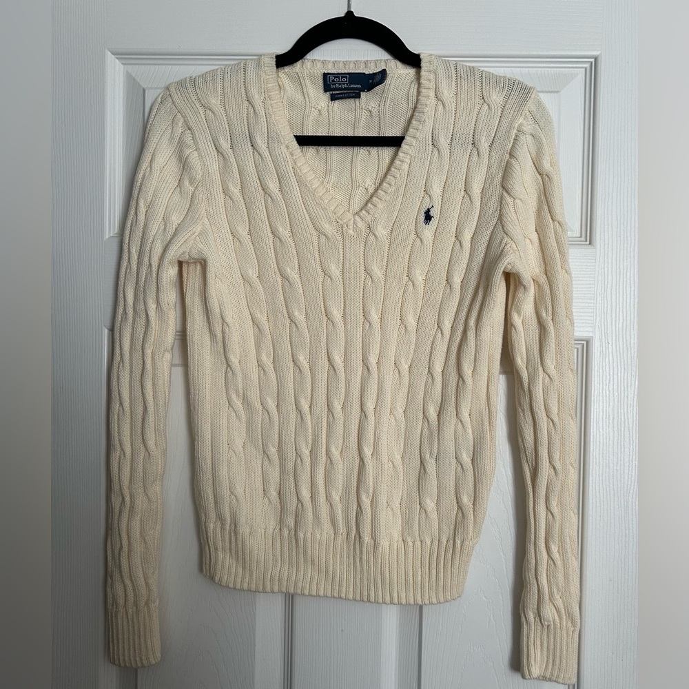 Polo Ralph Lauren Ivory V Neck Cable Knit Sweater Size M Preppy Tenniscore